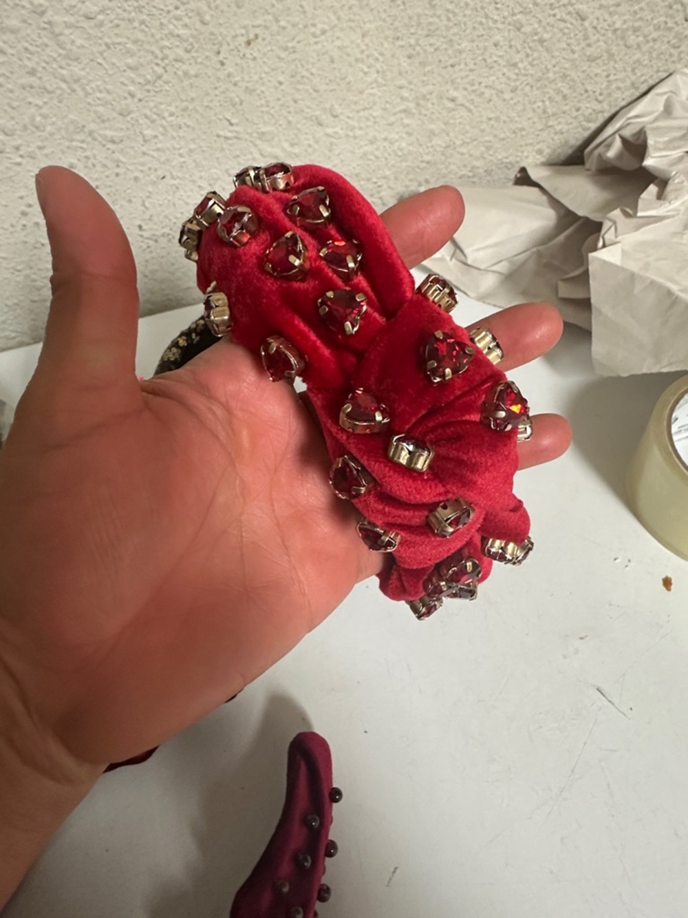 Lele Sadoughi Red Velvet Jeweled Knotted Headband with Gold Accents lot of 3